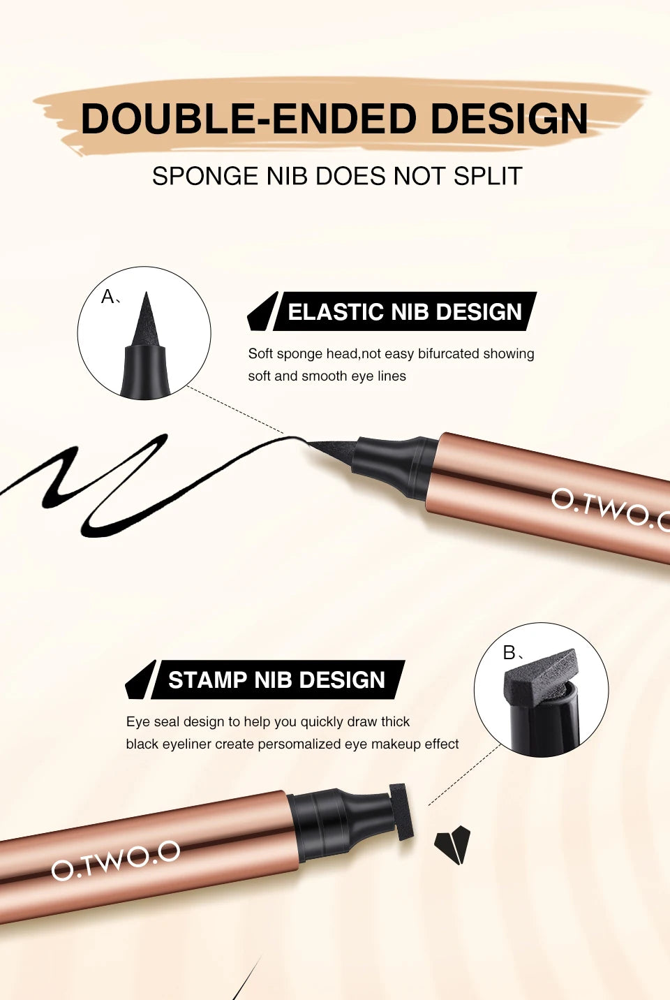 O.TWO.O Eyeliner Stamp Black Liquid Pen Waterproof Fast Dry Double-ended