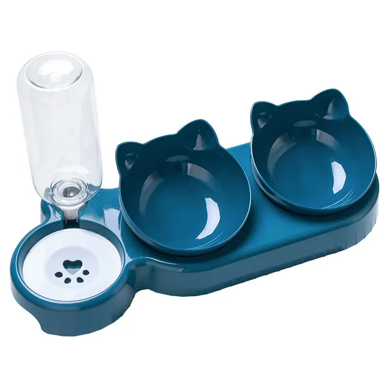 Triple Cat Bowls Pet Feeder, 2-in-1 Double Bowls with Automatic Drinking Bottle, Tilted and Rotatable Design for Cats and Dogs