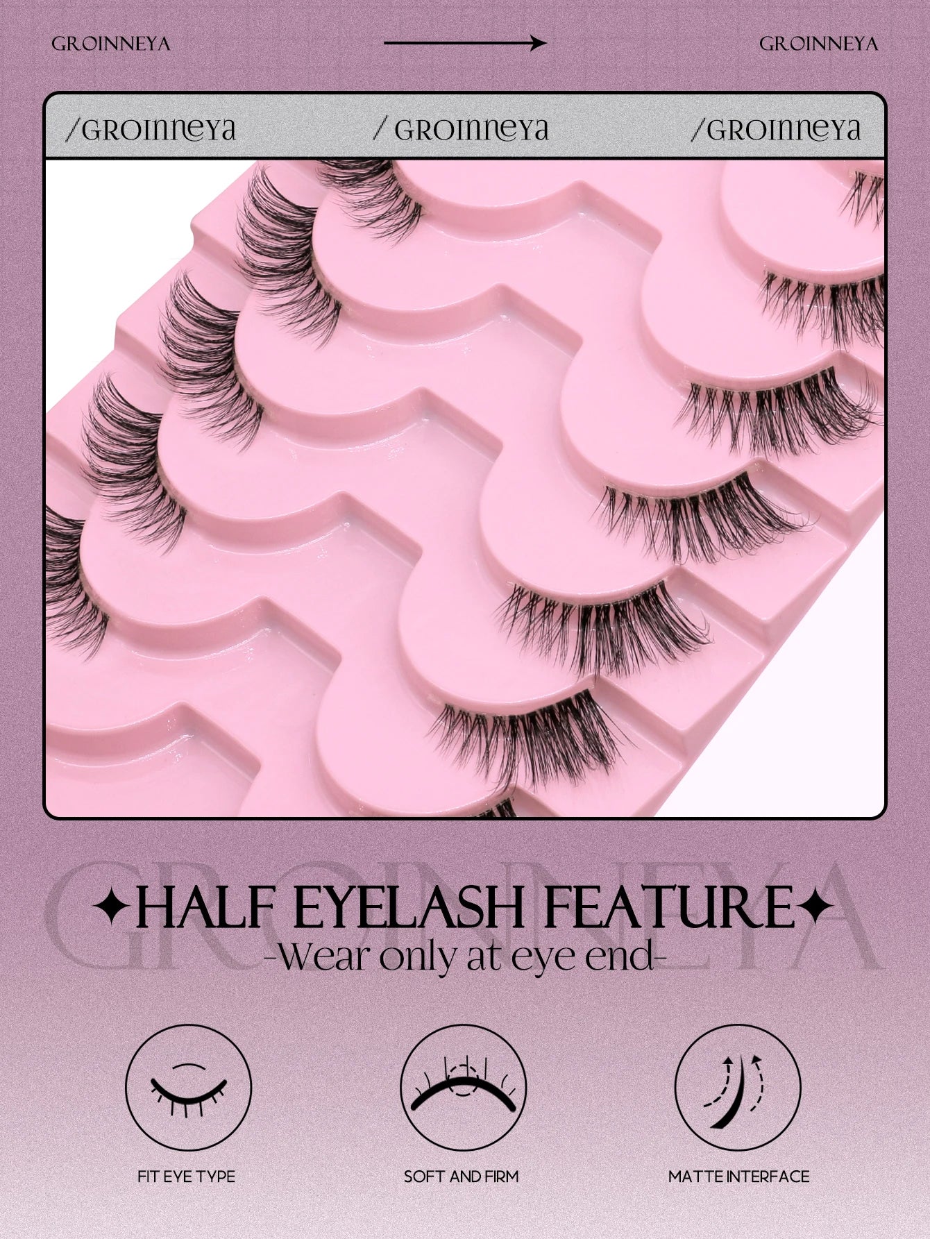 GROINNEYA Half Lashes Soft Natural Clear Natural Look Faux Mink Wispy
